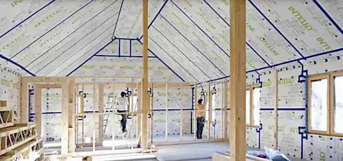 Image of Proclima Intello tape used for airtightness on this timber frame house