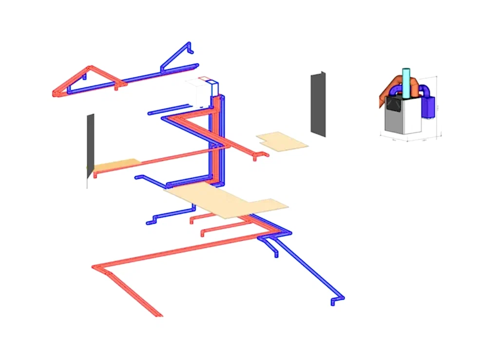 Schematic diagram showing the position of the MVHR unit and the duct routes.