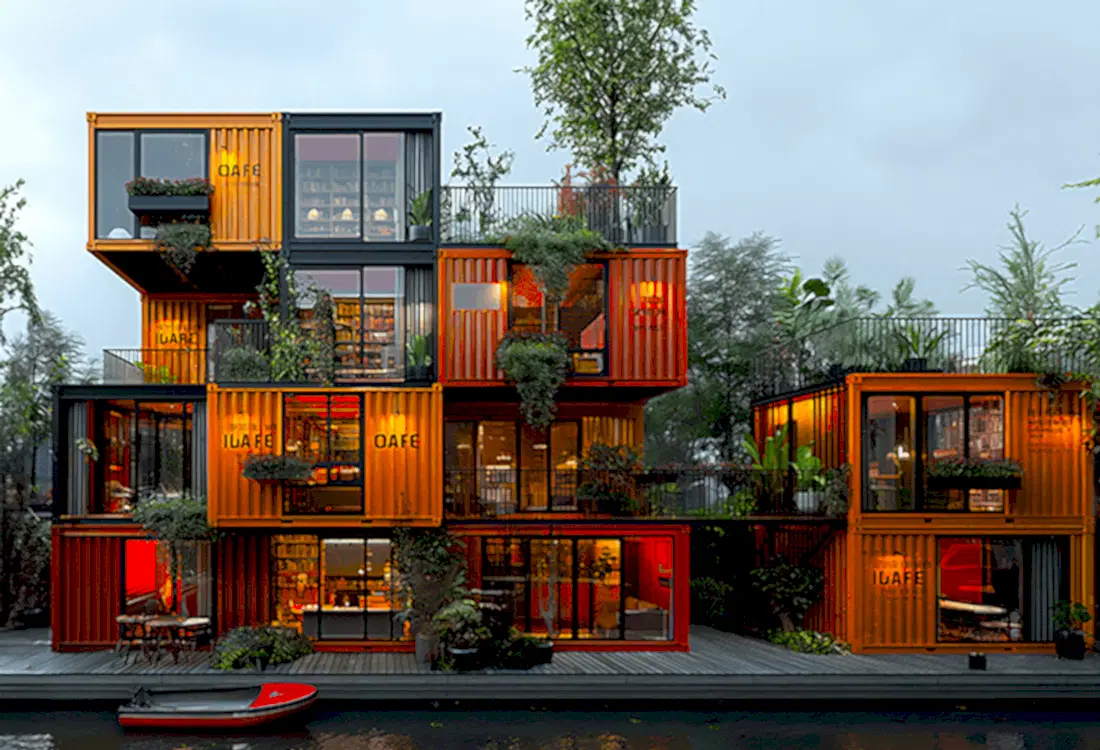 Modern structure made from repurposed shipping containers with greenery and open spaces, symbolising accessible and sustainable architecture that fosters collaborative and inclusive environments, shaping student experiences by promoting adaptability and creativity.