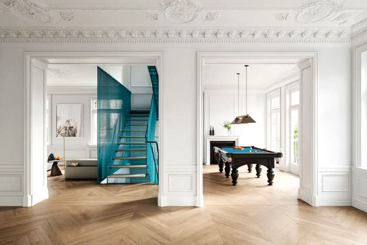 RISE-Design-Studio-Teal-Mesh-Stair-Notting-Hill-Renovation-Pool-Table-1