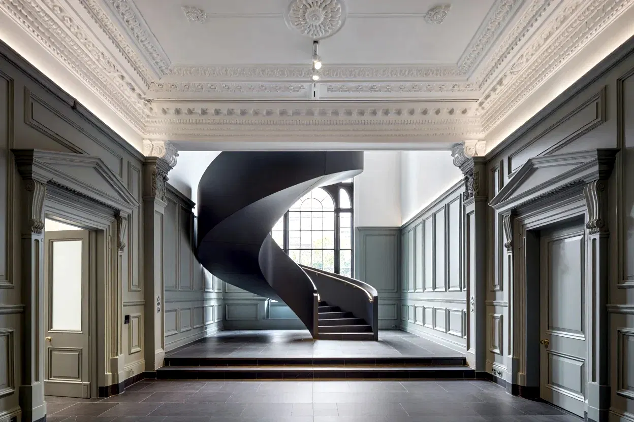 RISE-Design-Studio-Teal-Mesh-Stair-Notting-Hill-Renovation-Spiral-Stair