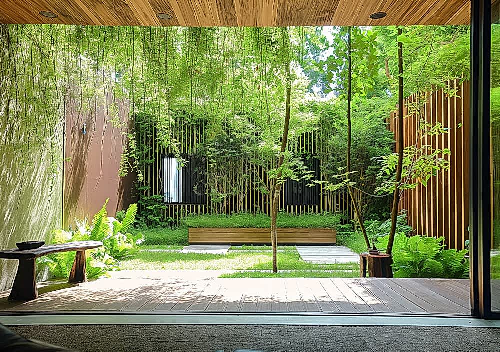 A biophilic courtyard by RISE Design Studio showcasing native planting, vertical greenery, and natural materials, illustrating on-site biodiversity enhancements and ecological integration within sustainable architectural design.