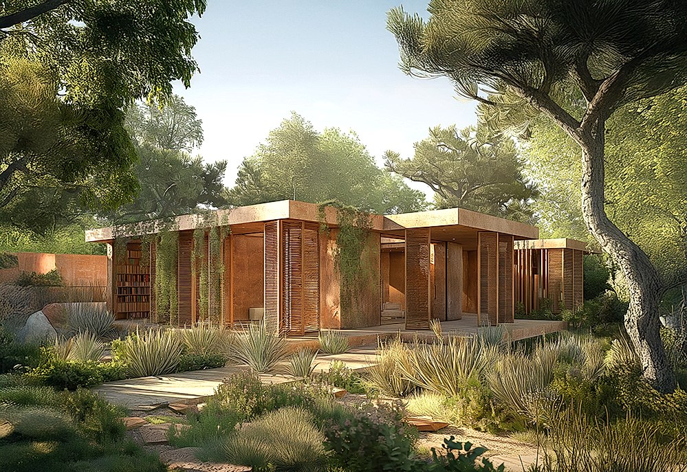 Sustainable Mediterranean-style home designed by English-speaking architects in Barcelona. Features natural materials, passive cooling, and biophilic elements set in a forested landscape.