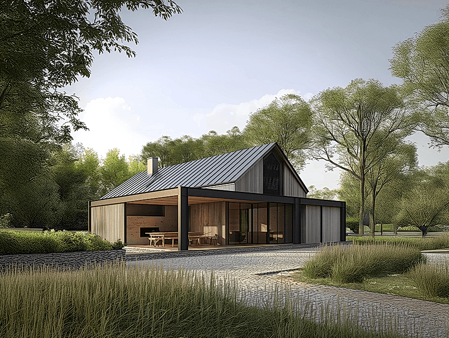 Visualisation of a modern barn-style replacement dwelling near Faversham, Kent, designed by RISE Design Studio. The sustainable home features natural timber cladding, a pitched metal roof, open-plan living spaces and large openings connecting to the rural landscape.