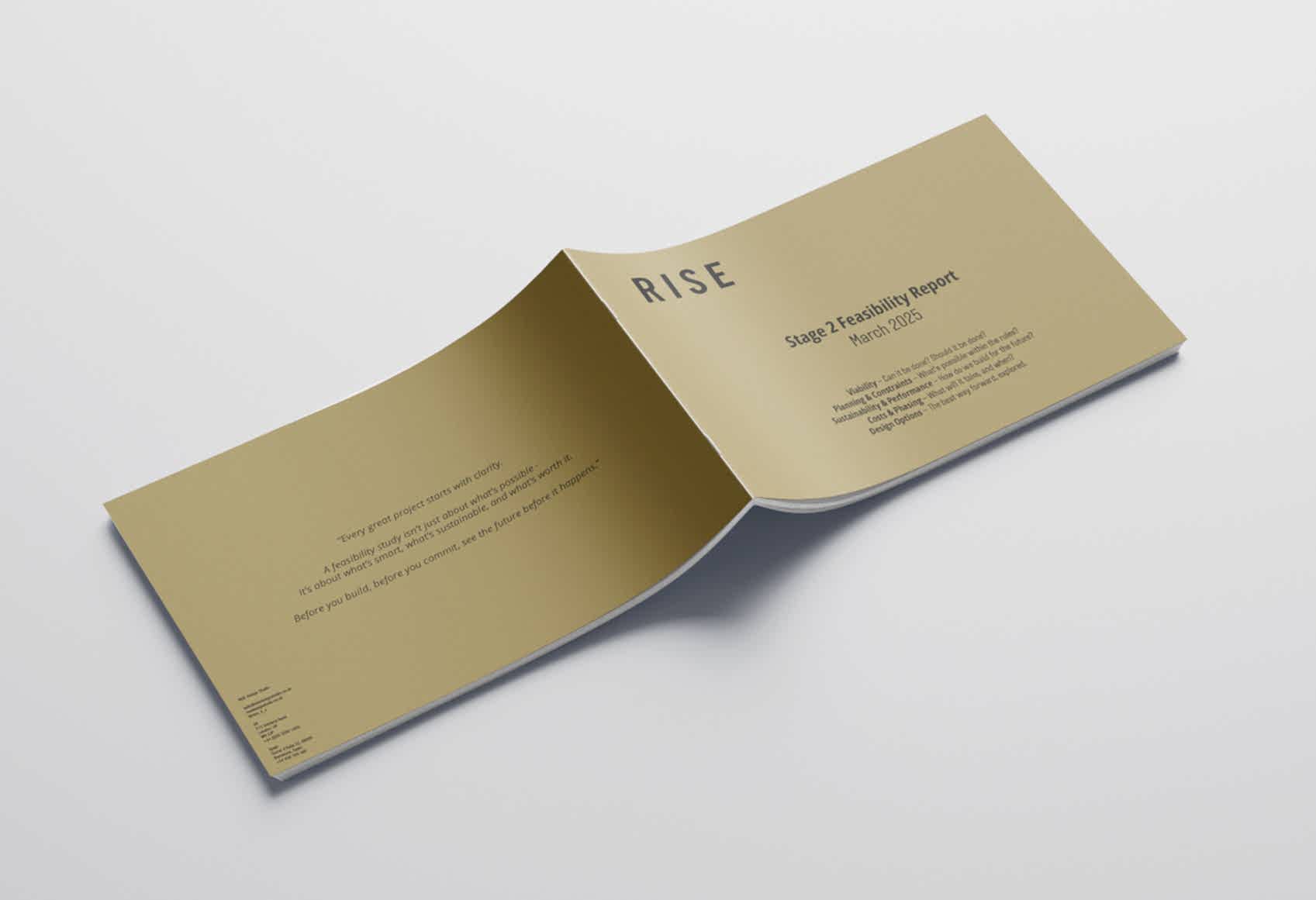 Front cover of RISE Design Studio’s Stage 2 Feasibility Report, featuring a minimalist gold design with the studio’s logo and key early-stage planning and sustainability considerations.