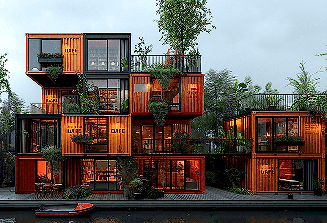 Modern structure made from repurposed shipping containers with greenery and open spaces, symbolising accessible and sustainable architecture that fosters collaborative and inclusive environments, shaping student experiences by promoting adaptability and creativity.