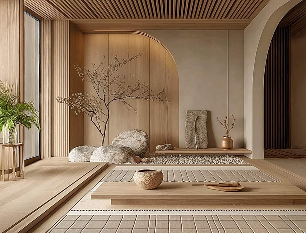Japandi interior design by RISE Design Studio featuring natural timber, soft neutral tones, and organic textures that reflect sustainable, low-energy living.