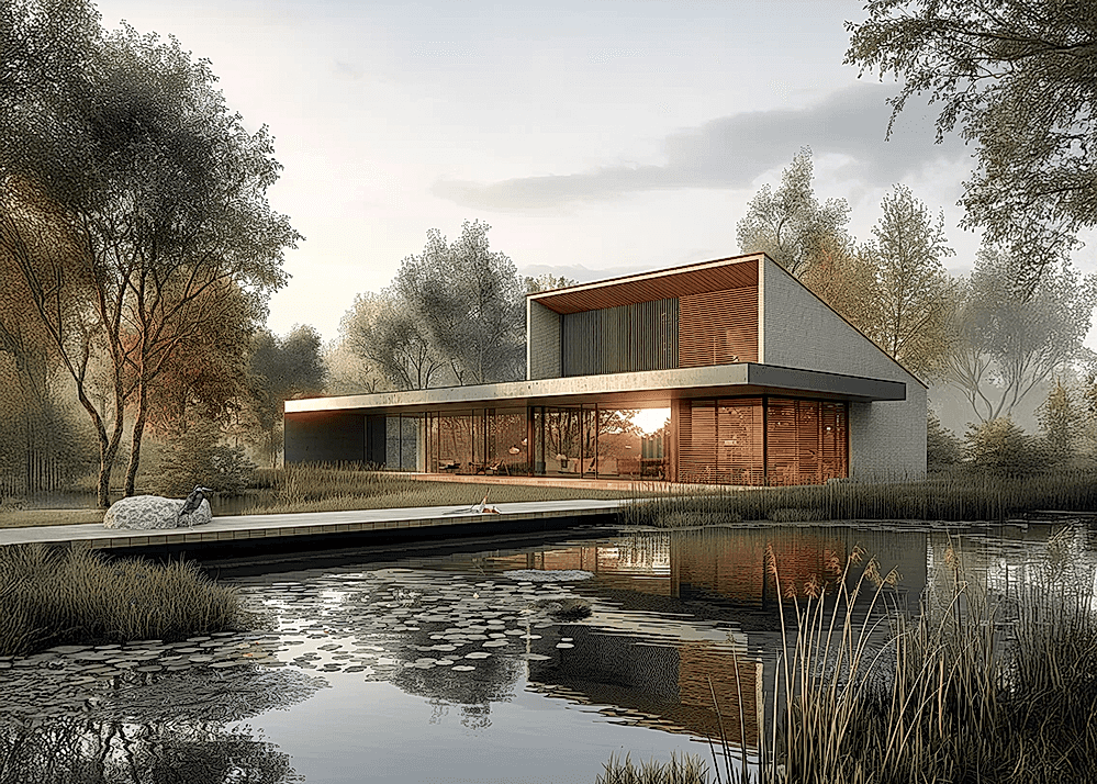 Modern eco home by a pond in a woodland setting, designed with Passivhaus principles including deep eaves, timber cladding, solar orientation, and full-height glazing for energy efficiency and comfort year-round.