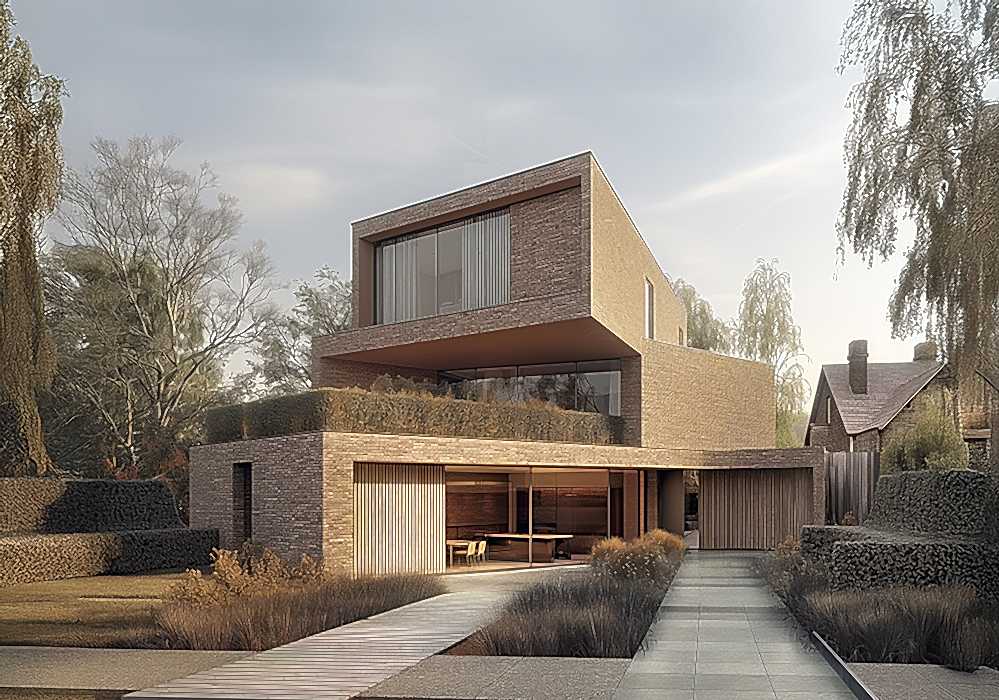 Modern self-build home with brick and timber façade, large glazing, green roof, and landscaped approach. Designed with sustainable principles and planning sensitivity, showcasing low-energy architecture in a contemporary UK residential context.