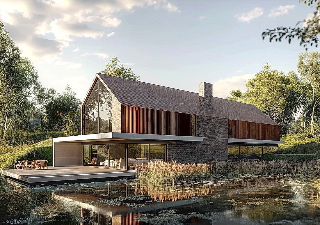 3D render of a proposed Paragraph 84 home in the Cotswolds, featuring a pitched roof, natural materials, timber louvres, and a cantilevered terrace over a reflective pond, designed to blend with the rural landscape and enhance its ecological setting.