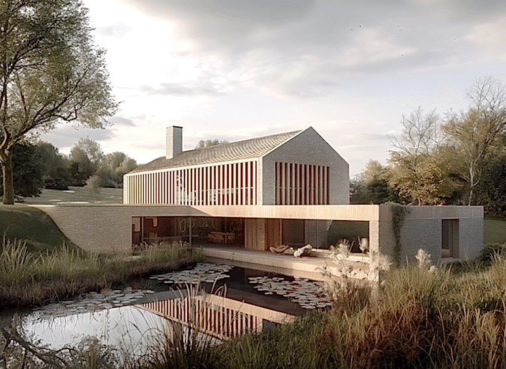 A modern countryside home featuring a minimalist design with a gabled roof and large vertical windows, blending natural stone and timber materials. The house is surrounded by lush greenery, a reflective pond with lily pads in the foreground, and an open, serene rural landscape in the background.