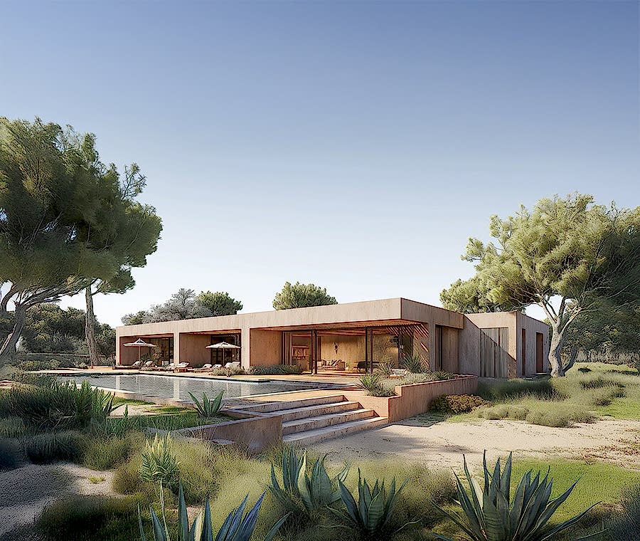 Contemporary sustainable villa in Spain designed by RISE Design Studio, featuring natural materials, passive solar design, and seamless indoor-outdoor living to demonstrate low-energy architecture integrated with the Mediterranean landscape.