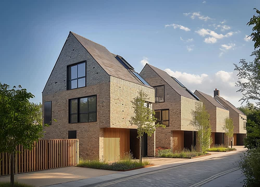 Row of contemporary brick houses with pitched roofs and timber detailing, designed by RISE Design Studio on a redeveloped brownfield site, showcasing sustainable urban housing with landscaped frontages and integrated solar shading.