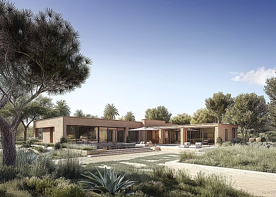 Modern sustainable villa in Spain designed by RISE Design Studio, featuring low-energy architecture, passive design strategies, natural materials, and seamless integration with the Mediterranean landscape for a future-focused, climate-responsive new build home.
