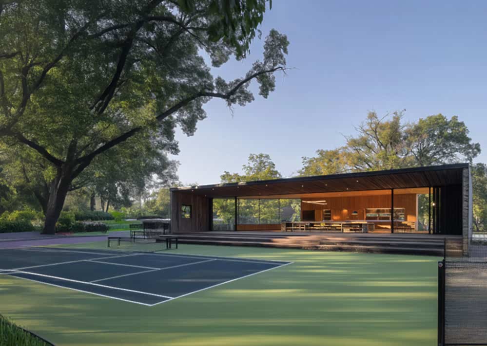 Exterior view of a sustainable tennis clubhouse designed by RISE Design Studio, featuring timber cladding, deep overhangs, glazed walls, and a shaded outdoor social space integrated into a natural setting, reflecting Passivhaus-inspired design and long-term environmental care.