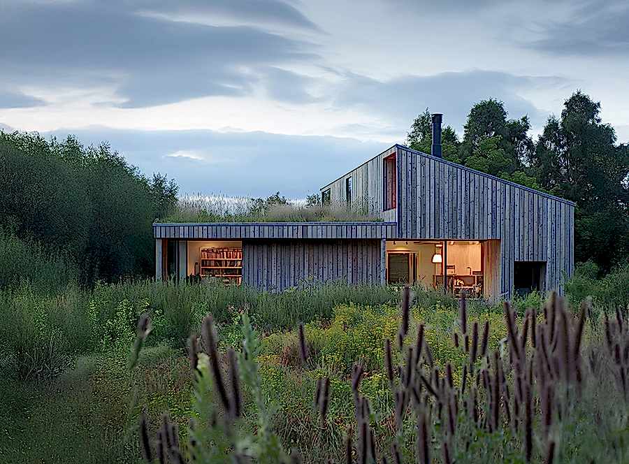 Sustainable timber-clad countryside home with a green roof, large sliding openings, and wildflower meadow in the foreground—showcasing low-impact, eco-conscious rural design that harmonises with the natural landscape.