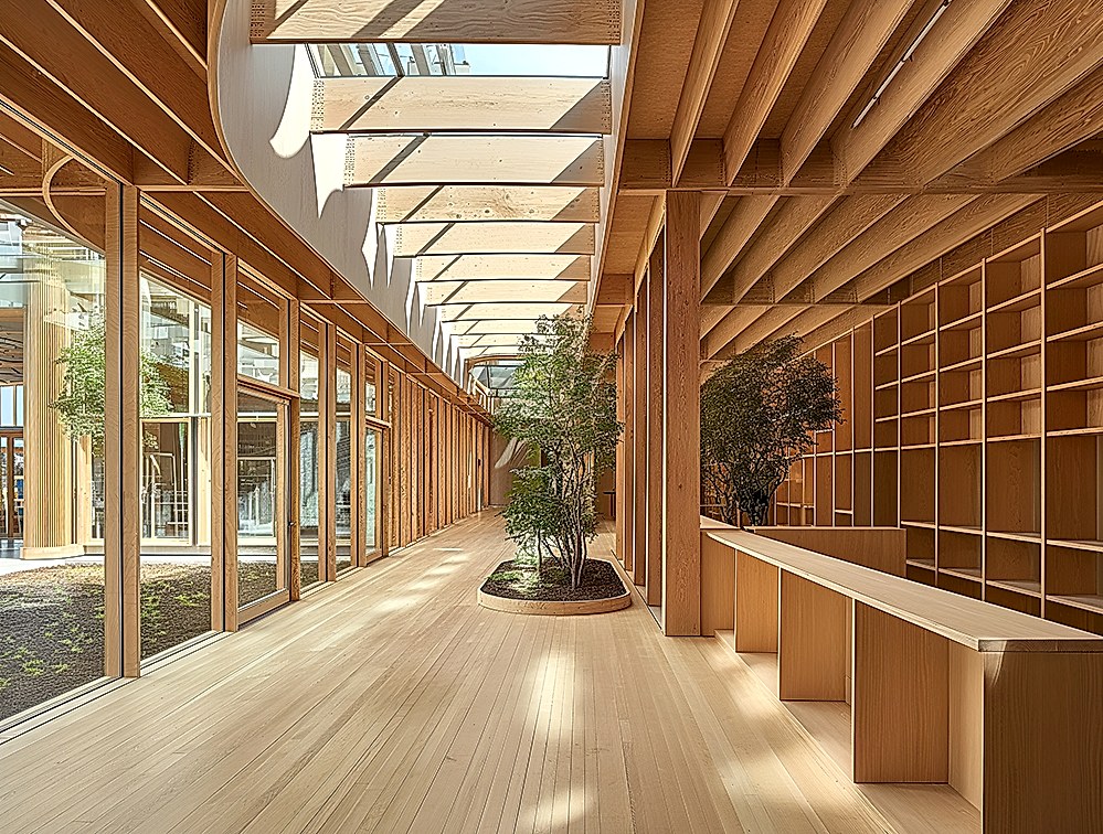 Interior of a modern timber-framed building by RISE Design Studio, featuring exposed beams, integrated planting, daylight-filled corridors, and natural materials designed to store carbon and enhance wellbeing.