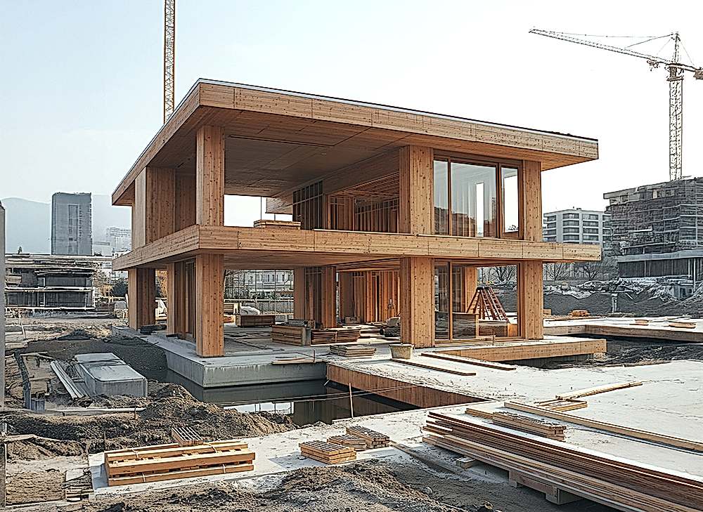 Timber-frame building under construction, designed by RISE Design Studio, featuring sustainable materials, large glass windows, and a modern architectural style.