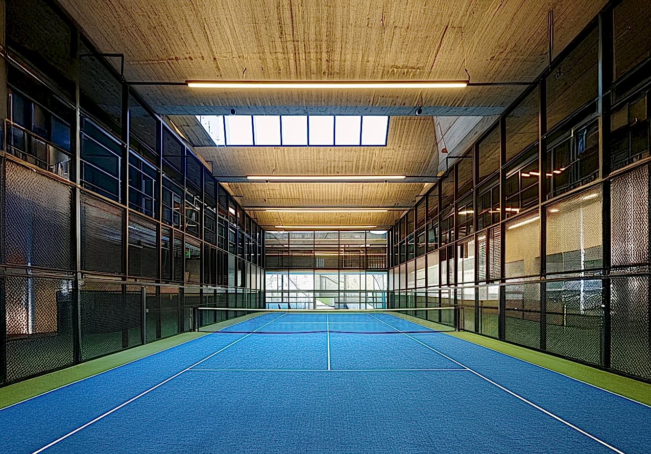 View of a vibrant blue padel court beneath a timber-clad roof, enclosed by glass and metal mesh walls, designed by RISE Design Studio to revitalise urban space under the Westway in West London.